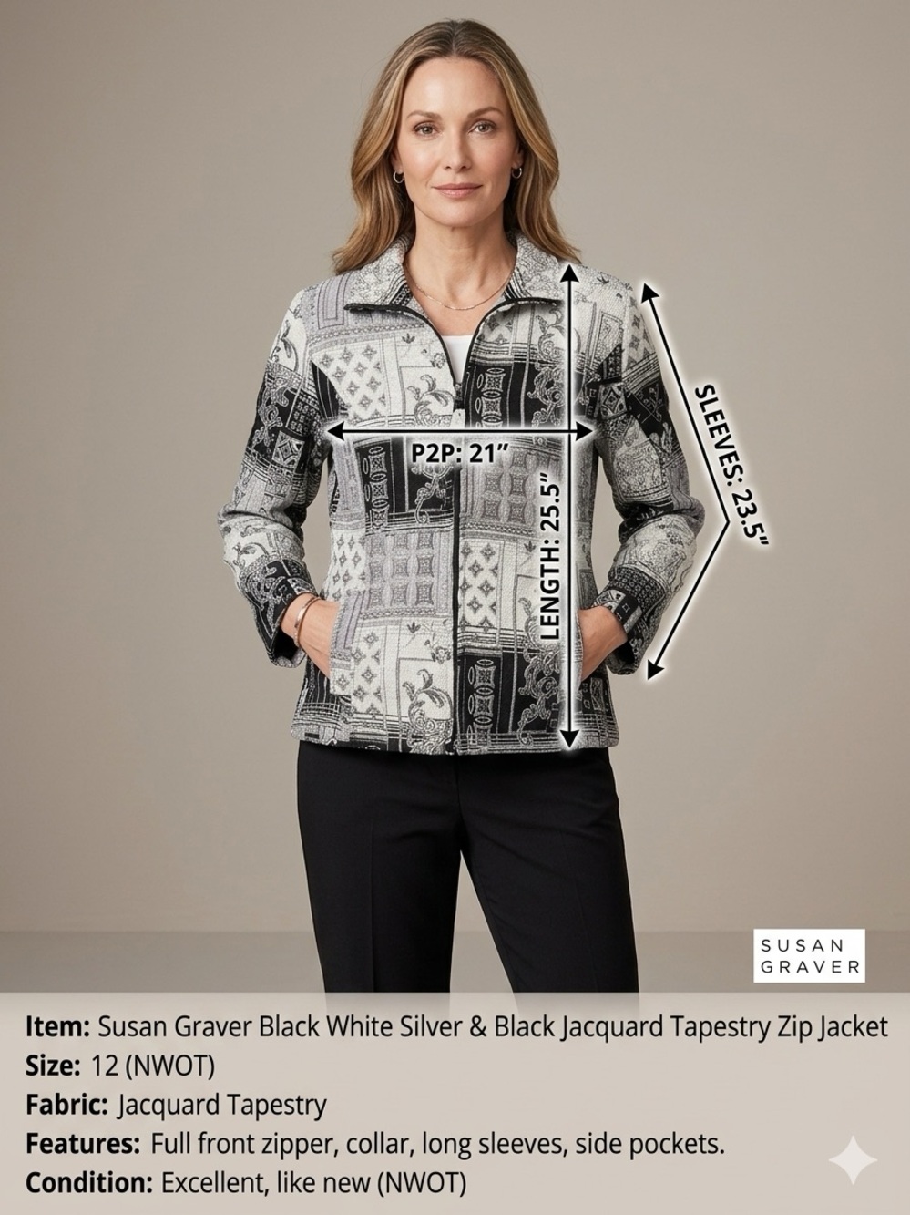 Susan Graver Black White Silver & Black Jacquard Tapestry Zip Jacket 12 NWOT